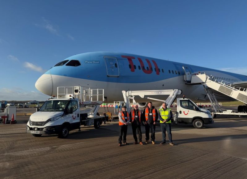 From left Greg Moore, Chris Caney, Duncan Howard, an Tui Airline personnel at Birmingham airport Tui Dreamliner
